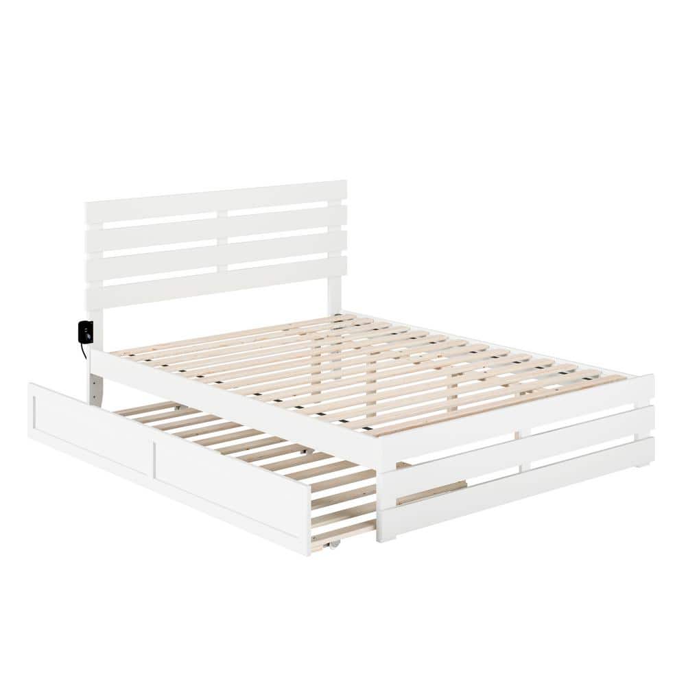 White Queen Wood Platform Bed with Headboard and USB Charger