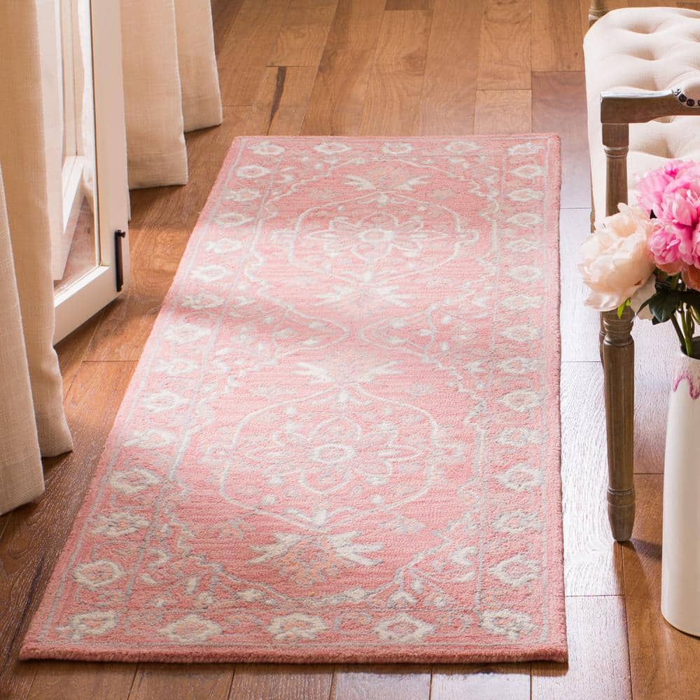Handmade Pink and Ivory Wool Medallion Runner Rug 2'3" x 11'