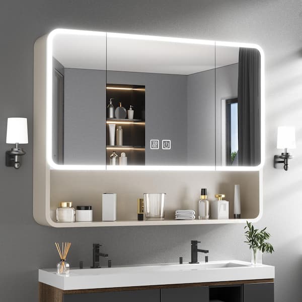 35 in. W x 28 in. H Khaki Rectangular Aluminum 3 Colors LED Light Medicine Cabinet with Mirror