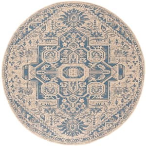 Beach House Blue/Cream 8 ft. x 8 ft. Kilim Floral Indoor/Outdoor Patio  Round Area Rug