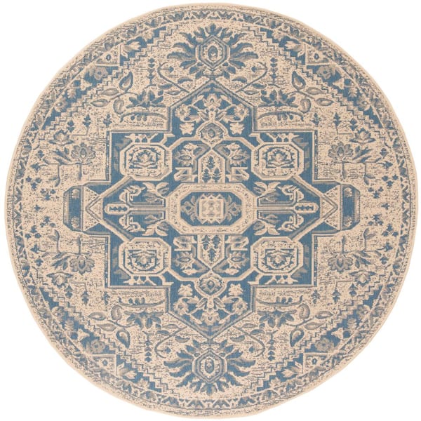Beach House Blue/Cream 8 ft. x 8 ft. Kilim Floral Indoor/Outdoor Patio  Round Area Rug