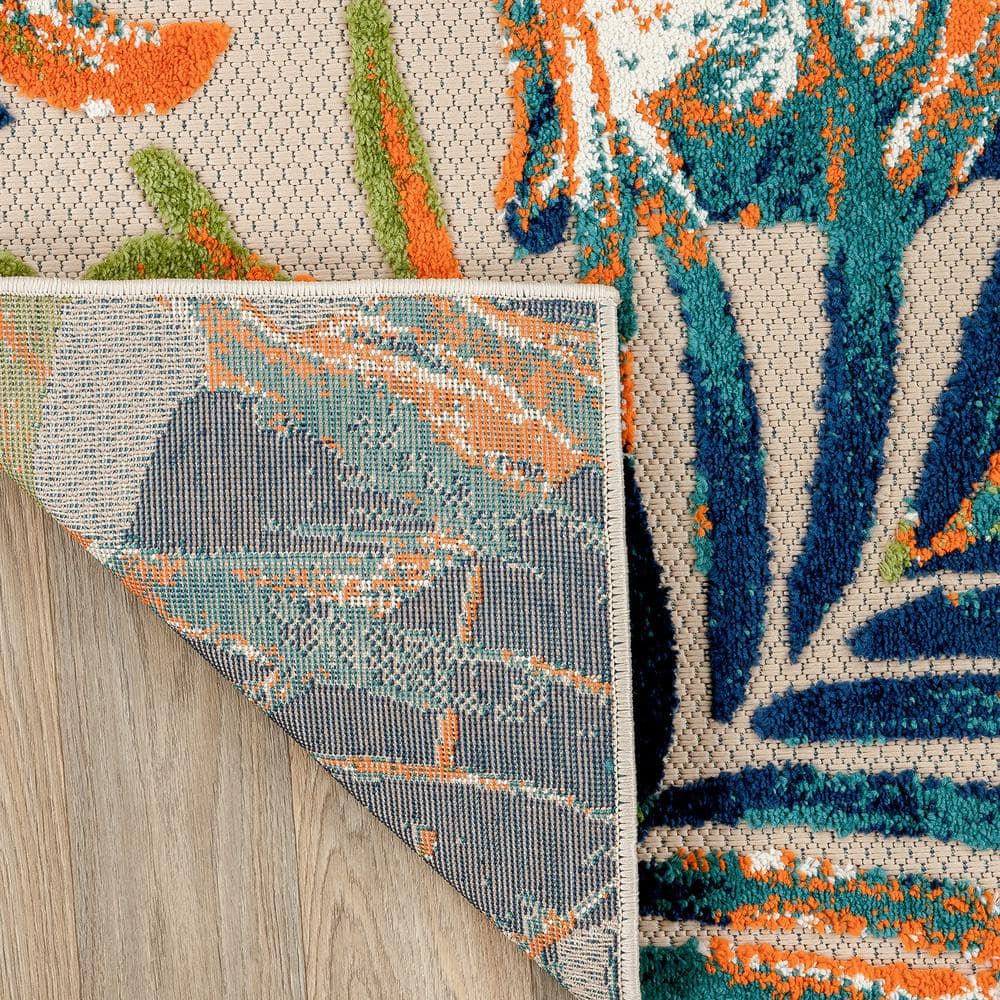 Tropical Floral Leaves Multi 5' x 7' Flat Woven Area Rug