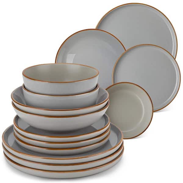 16-Piece Gray Stoneware Dinnerware Set Service for 4 Dining Set with Dinner Plates Dessert Plates and 25 oz. Bowls