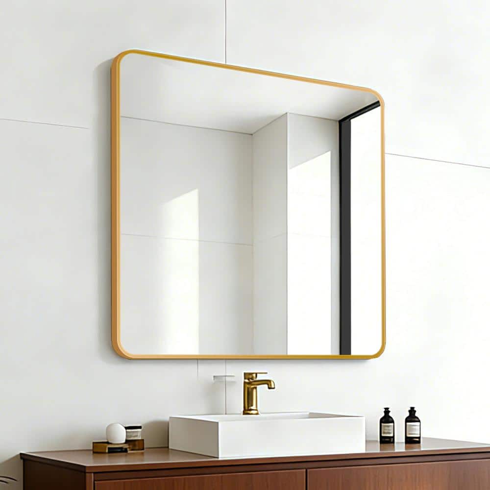 36 in. W x 36 in. H Gold Metal Framed Bathroom Mirror, HD Glass, Rounded Corner, Vertical/Horizontal Mount price history on PriceWatchPro