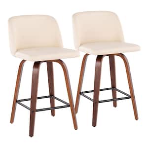 Toriano 35 in. Cream Faux Leather and Walnut Wood-Counter Height Bar Stool with Square Black Footrest (Set of 2)