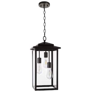 21 in. 3-Light Glossy Bronze Outdoor Hanging Pendant Light with Clear Glass