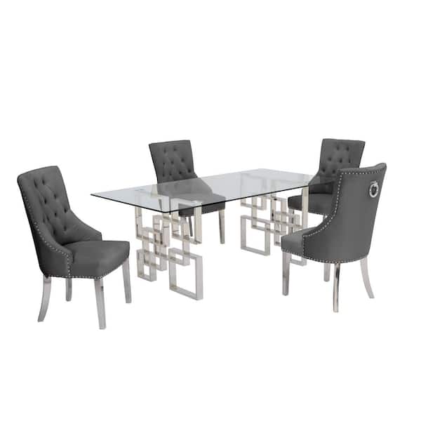 Best Quality Furniture Dominga 5-Piece Glass Top with Stainless Steel and Set with 4-Dark Gray Velvet Chairs