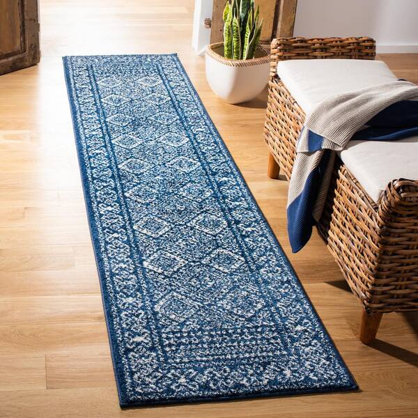Tulum Navy/Ivory 2 ft. x 11 ft. Border Geometric Diamonds Runner Rug