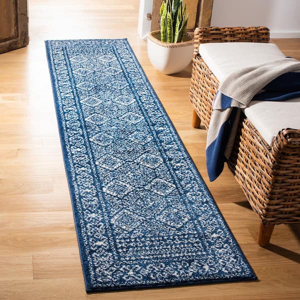 Tulum Navy/Ivory 2 ft. x 19 ft. Border Geometric Diamonds Runner Rug