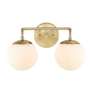 Louis Parisian Globe 15 in. 2-Light Brass Gold Metal Modern Contemporary LED Vanity Light with Frosted Glass