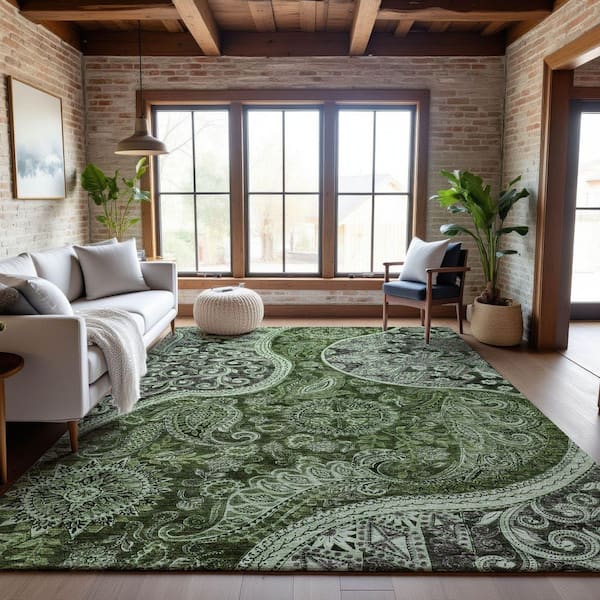 Mayfield Premium Machine Washable Abstract AMF1078 Olive 9 ft. x 12 ft. Area Rug