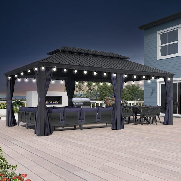 12 ft. x 20 ft. Gray Patio Outdoor Gazebo for Backyard Hardtop Aluminum Frame with Hooks,Upgrade Blue Curtain 36-Lights