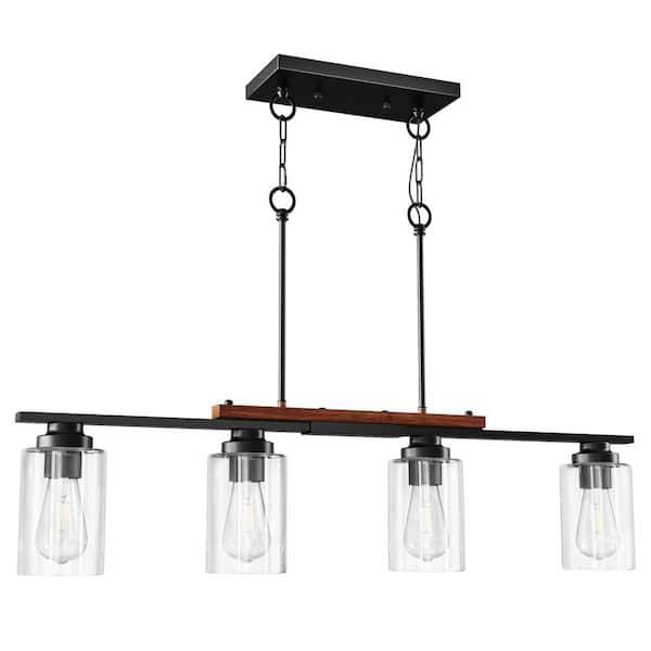 60-Watt 4 Light Matte Black Kitchen Island Linear Pendant Light Fixture with Clear Glass Shade