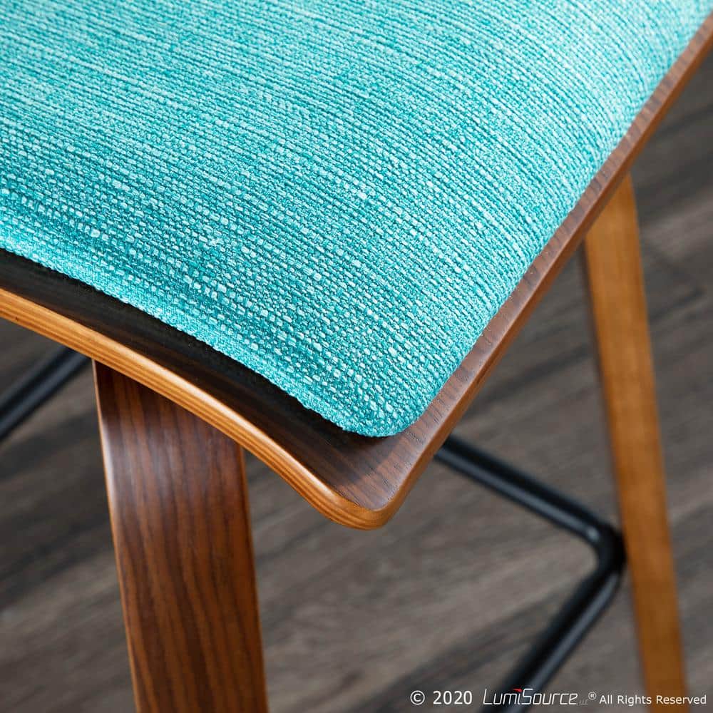 Walnut Wood Teal Fabric Mid Century Modern Swivel Counter Stool
