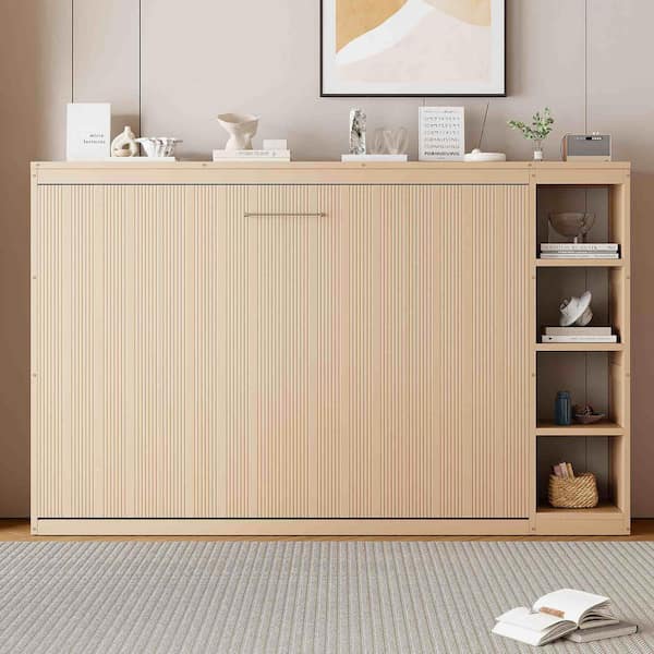 Brown/Natural Wood Color Frame Full Size Murphy Bed with Bookshelf