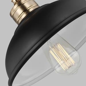 Dustin 1-Light Matte Black Pendant with Metal Shade and Satin Brass Accents