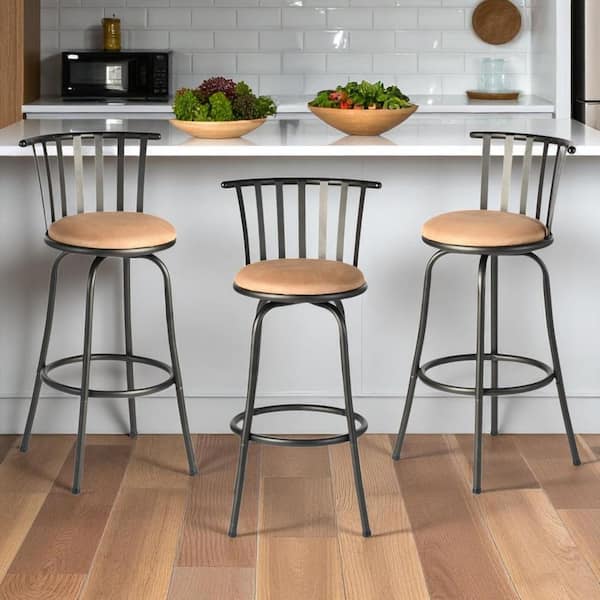 32.68 in. H Brown Adjustable Height Metal Bar Stool with Faux Leather Seat Set of 3