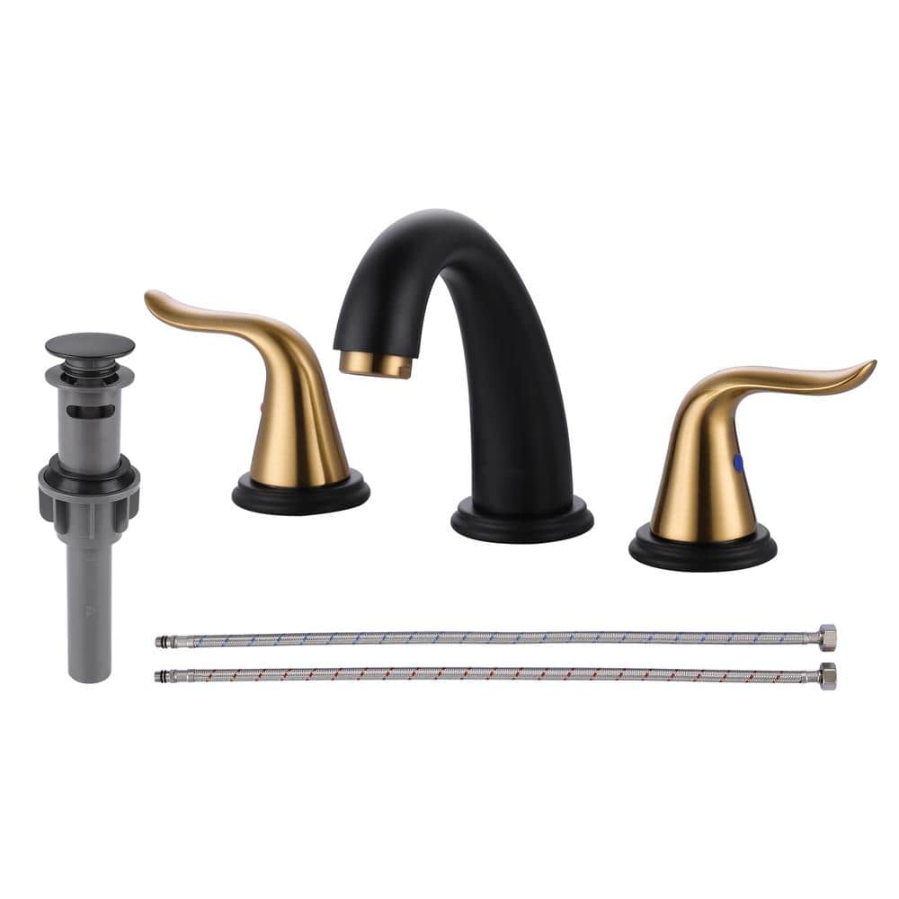 WOWOW 8 in. Widespread Double Handle Bathroom Faucet in Black and Gold ...