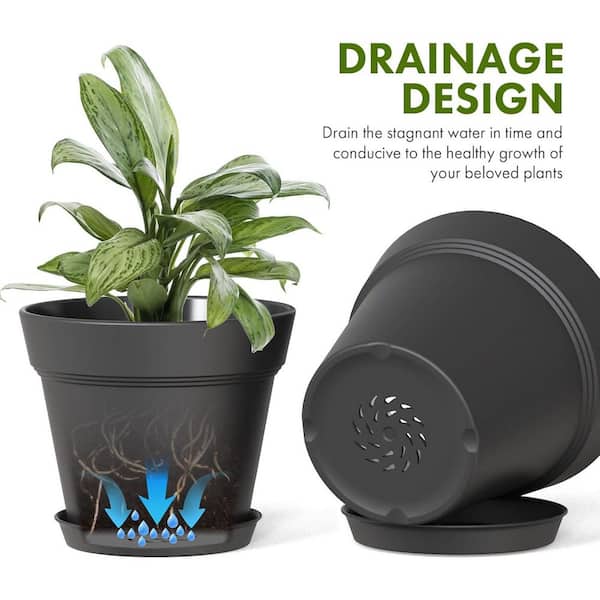 Cubilan Plastic Plant Pots with Drainage Holes and Trays, Seedling Starter Planters, Black, 8-Pack (4 in. W x 3.4 in. H)