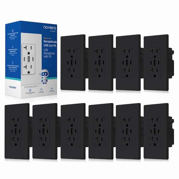 30W 6.0 Amp 3-Port USB Wall Outlet 20A Duplex Receptacle with Dual Type C and A Ports w/ Wall Plate Matte Black 10-Piece