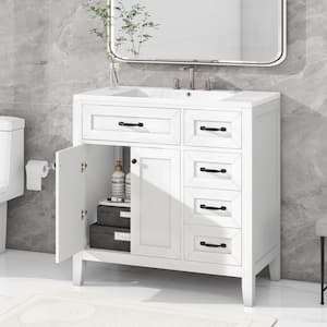35.98 in. W x 18.03 in. D x 35.98 in . H Modern Bathroom Vanity in White with Ceramic Sink Top and Drawers and Cabinet