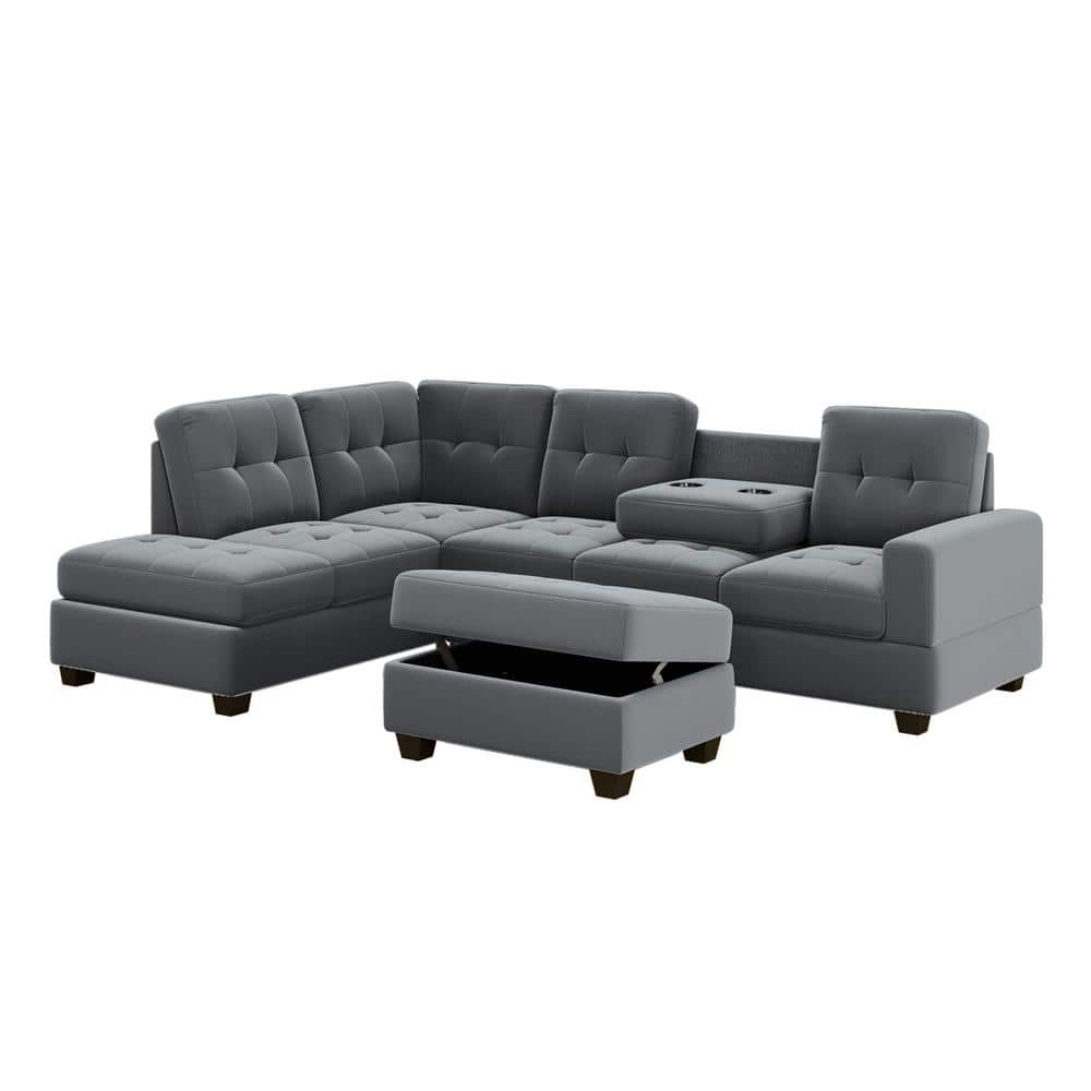 104 in. Square Arm Velvet L-shaped Sofa with Reversible Chaise Lounge in. Gray