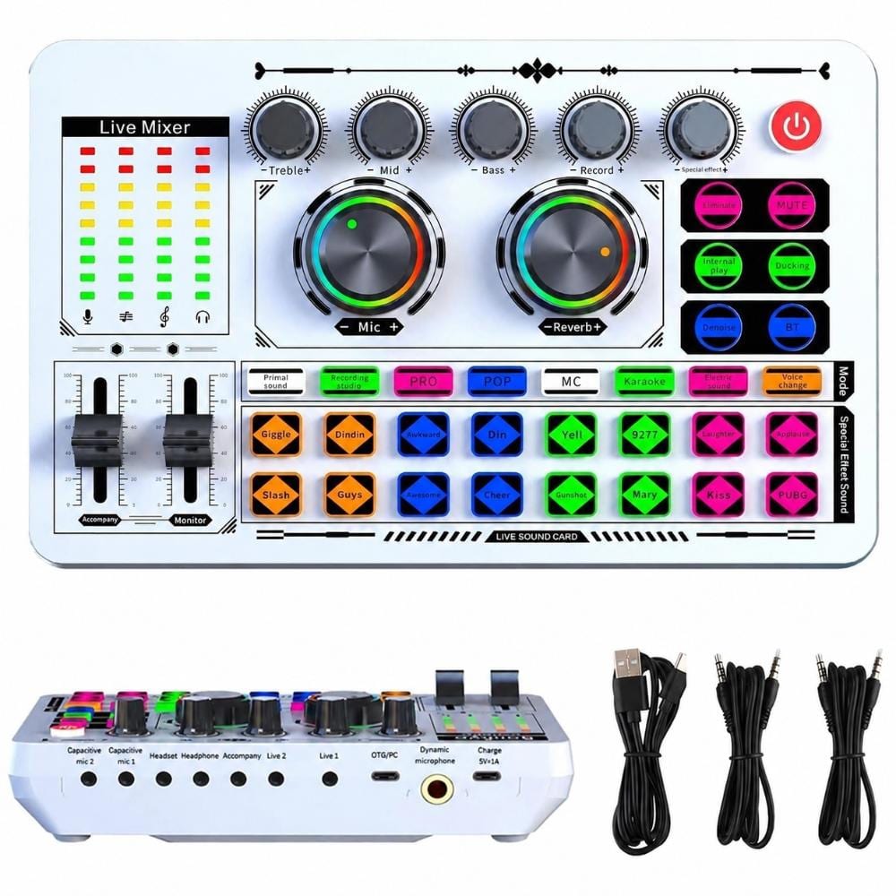 F999 White Live Streaming Audio Mixer Soundboard with Voice Changer and Bluetooth Interface 7.52