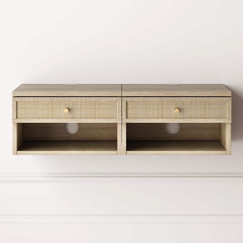 Light Oak and Rattan Floating Nightstands with Drawer, Set of 2