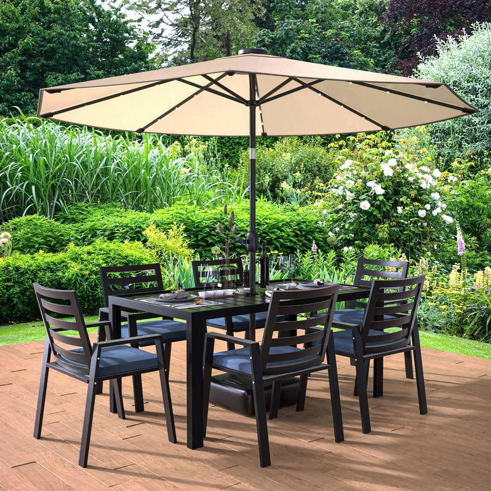 Chelsea Mid-Century Modern 7-Piece Outdoor Dining Set in Black Aluminum with Removable Charcoal Blue Cushions price history on PriceWatchPro