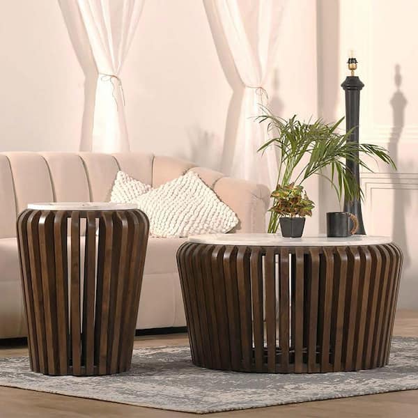 Reeves 19 in. White / Brown Round Wood and Marble Coffee Table