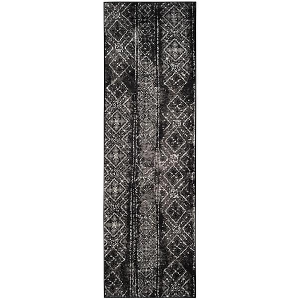 Adirondack 3 ft. x 18 ft. Black/Silver Border Striped Runner Rug