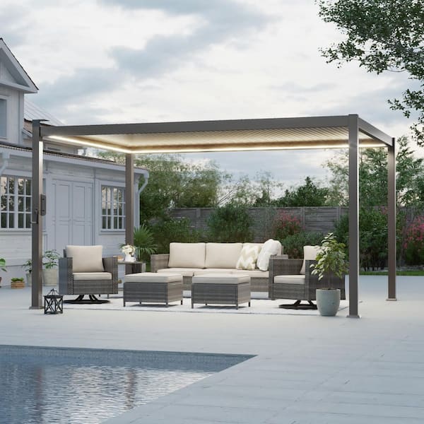 10 ft. x 13 ft. Modern Metal Louvered Pergola LED Lights Outdoor Pergola with Adjustable Roof, Charcoal Gray