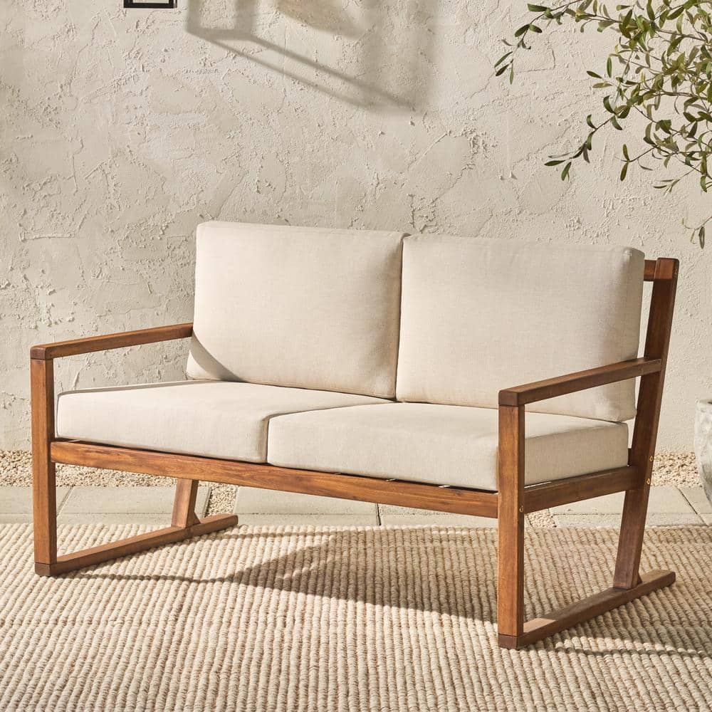 White Upholstered Solid Acacia Wood 2-Seater Loveseat
