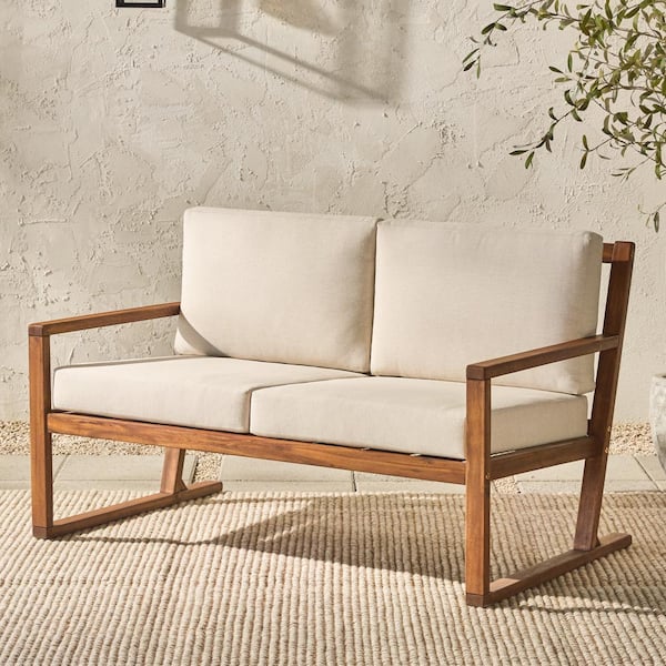 Brown Slatted Wood Modern Outdoor Loveseat with Bisque Cushions