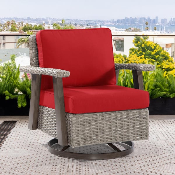 Gardenbee Wicker Patio Outdoor Rocking Chair Swivel Lounge Chair with Red Cushion (1-Pack)