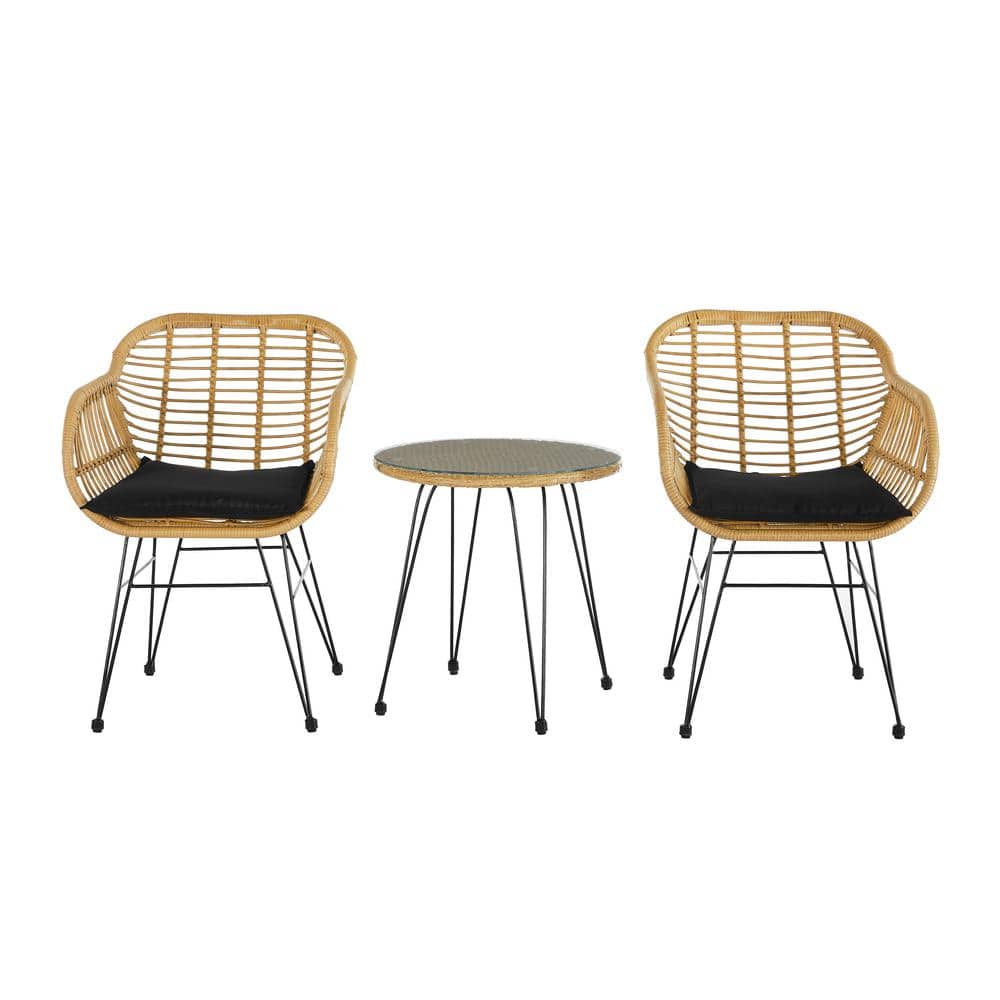 Modern Design 3-Piece Wicker Patio Conversation Set with Blue Cushions Outd