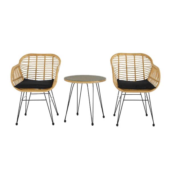 Unbranded Modern Design 3-Piece Wicker Patio Conversation Set with Blue Cushions Outdoor PE Rattan Bistro Set with Glass Top Table