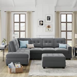 104 in. Square Arm 3-Piece Velvet Upholstered L-shaped Sectional Sofa in Gray with Storage Ottoman