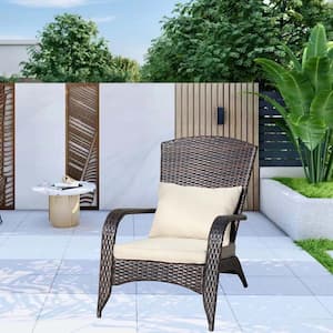 Brown Wicker Outdoor Lounge Chair with Beige Cushion