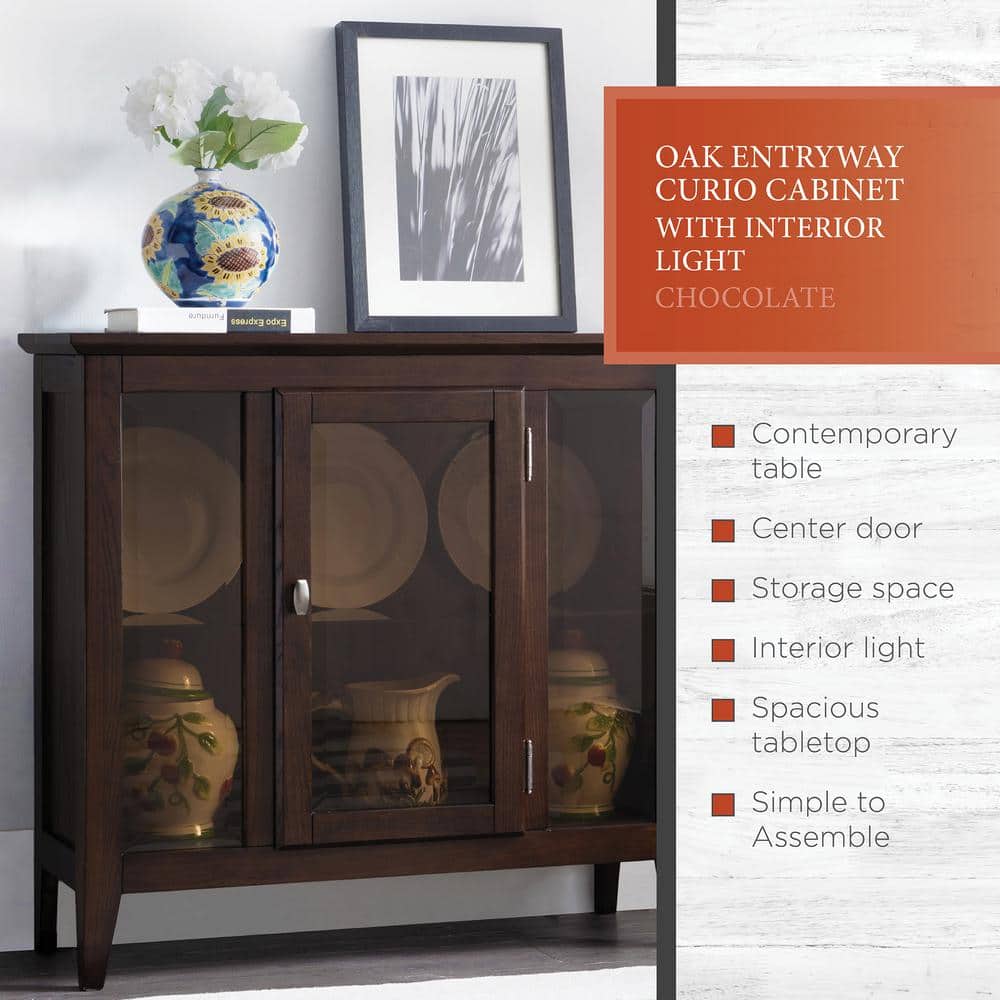 Chocolate Oak Lighted Entryway Curio Cabinet with Glass Shelf