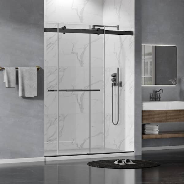 60 in. W x 75 in. H Double Sliding Frameless Shower Door in Matte Black with Tempered Glass, Soft Closing