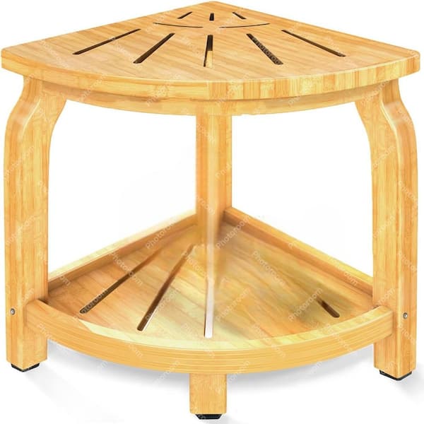 13 in. W Waterproof Bamboo Shower Stool Corner Bath Bench in Bamboo Color with Storage Shelf Holds Up to 450 lbs.