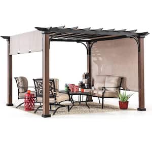 Neuralia 11 ft. x 11 ft. Steel Pergola with Natural Wood Looking Finish and Adjustable Tan Shade
