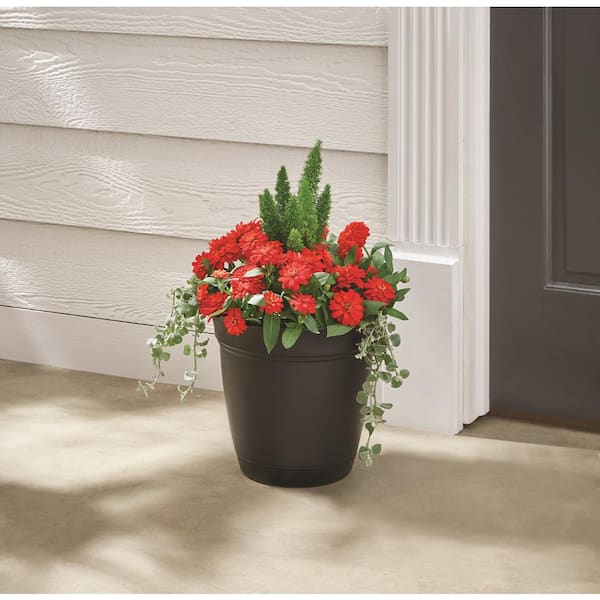 Mirabelle Large Black Plastic Planter with Drainage Hole and Attached Saucer (20 in. L x 20 in. W x 17 in. H)