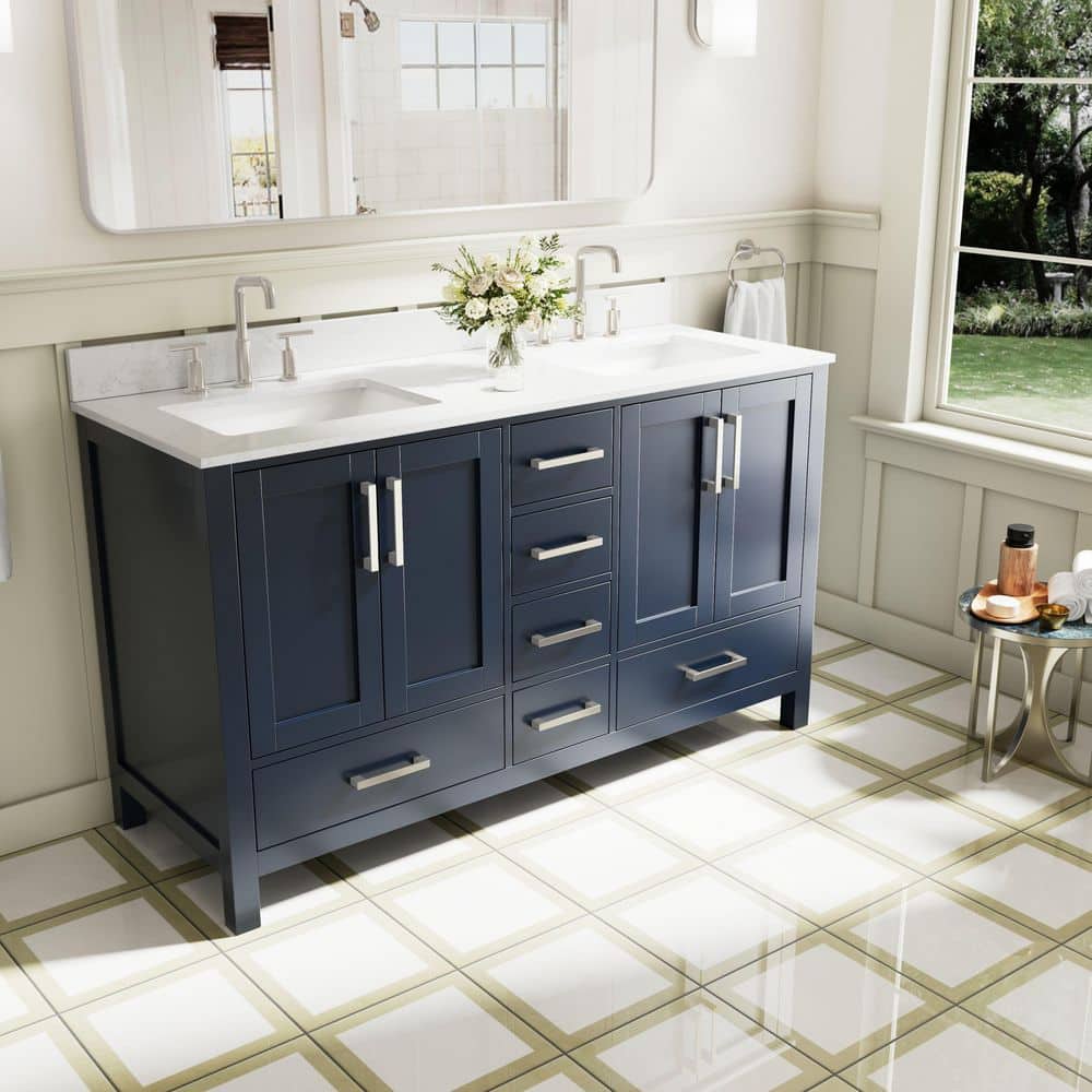 OSA 60 in. W Wood Freestanding Soft Close Navy Blue Bath Vanity with White Cultured Marble Top, Backsplash, Assembled price history on PriceWatchPro