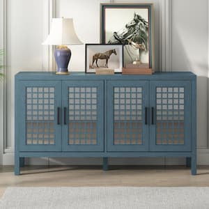 58 in. Antique Blue Rectangle Wood Console Table with Mirrored Doors and Grain Pattern