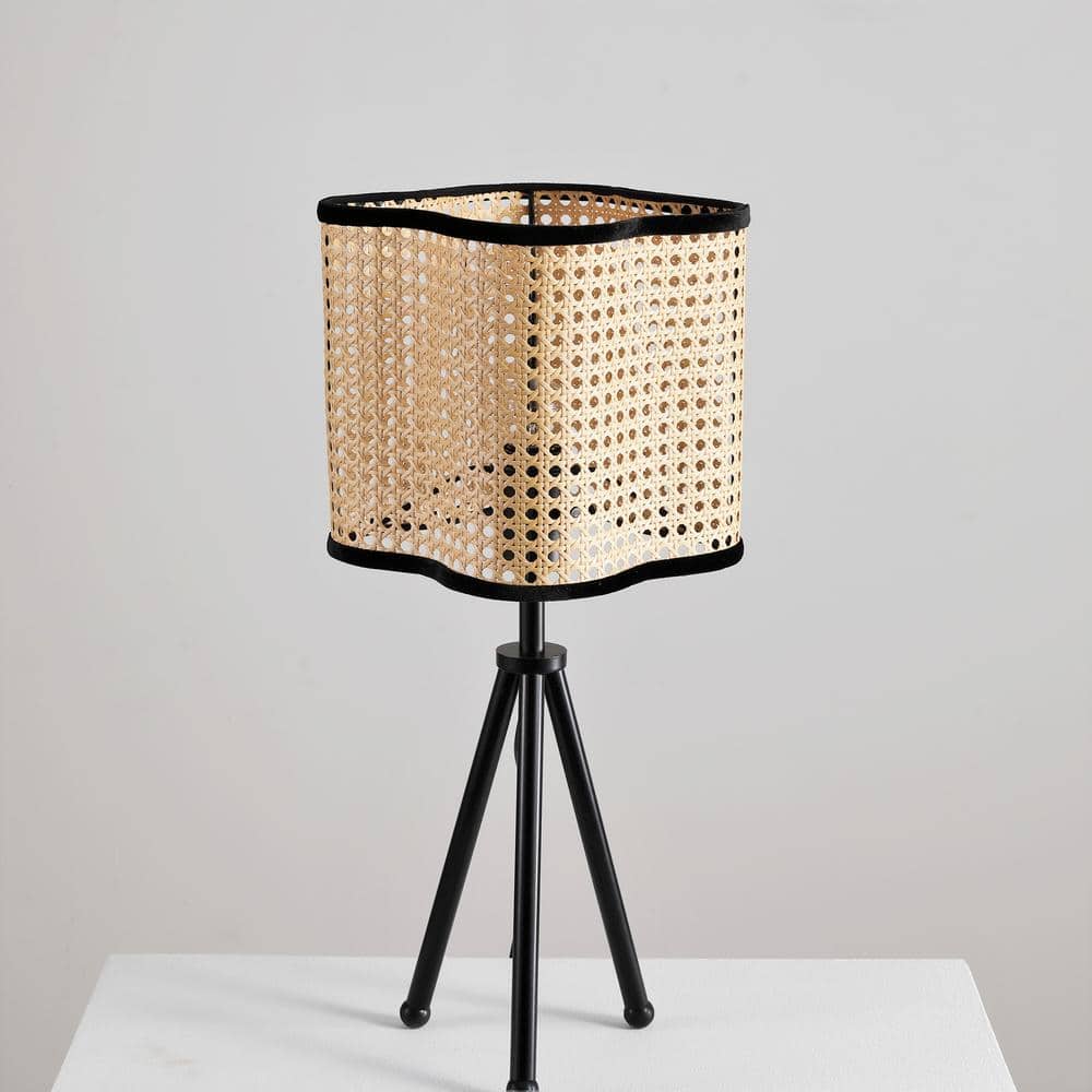 Black Iron Tripod Table Lamp with Rattan Shade