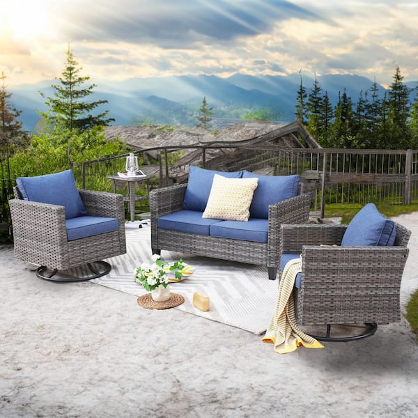 XIZZI Mirage Gray 4-Piece Wicker Outdoor Rocking Chair Set with Denim Blue Cushions