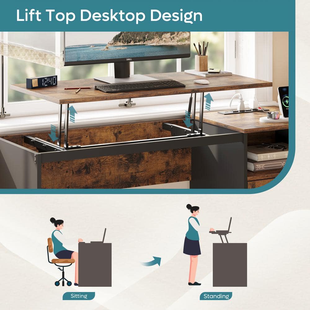 Rustic Brown Adjustable Height Computer Desk with Power Outlets and Drawers