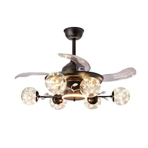 42 in. 6-Light Indoor Modern Black Retractable Ceiling Fan with Remote Led Light and Clear Glass Globe Lampshade